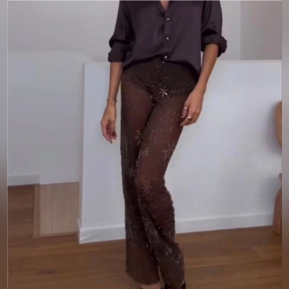 Sz S Zara NWT BEADED SEQUIN PANTS brown Chocolate - Picture 4 of 4